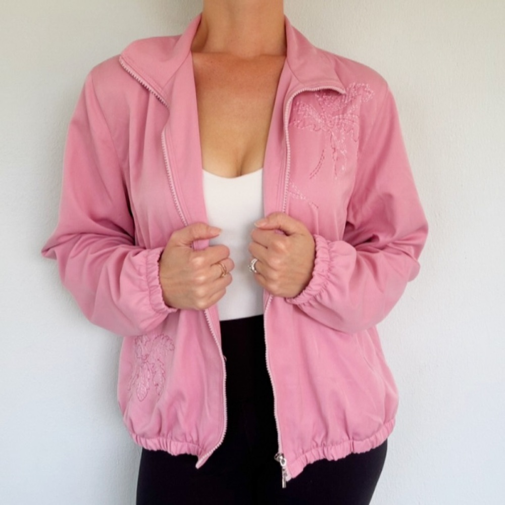 Vintage Koret blush pink full zip tropical palm embroidered track jacket medium